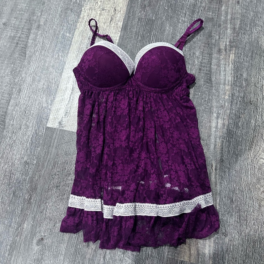 Elegant Plum Lace Chemise with White Trim